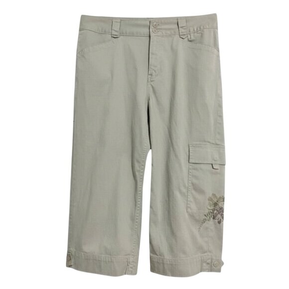 Coldwater Creek Khaki Capri Crop Cotton Cargo Pants Flower Leg - Picture 1 of 15